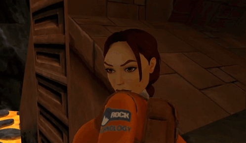 Woman in Orange Jacket Walking on Staircase in Video Game