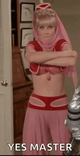 Woman in Pink and Red Costume Arms Crossed Yes Master