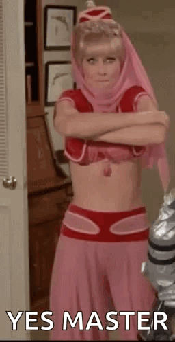 Woman in Pink and Red Costume Crossed Arms Saying Yes Master
