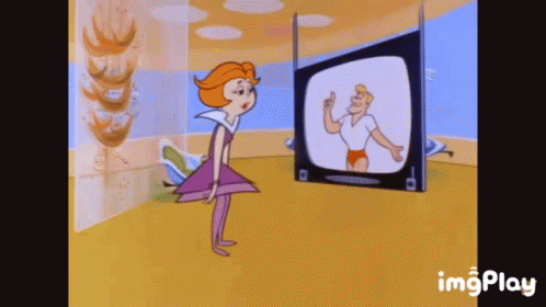 Woman In Pink Dress Dancing In Front Of TV GIF