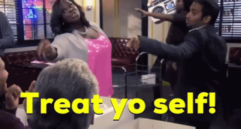 Woman In Pink Dress Next To Man In Suit Saying Treat Yo Self GIF