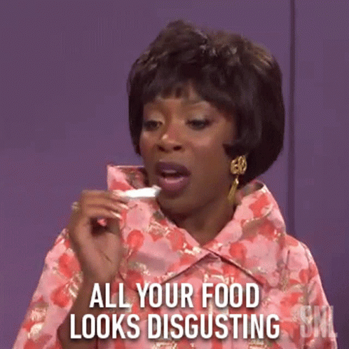 Woman In Pink Floral Jacket Says All Your Food Looks Disgusting GIF