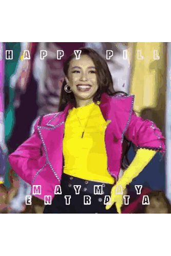 Woman in Pink Jacket and Yellow Top Happy Pill