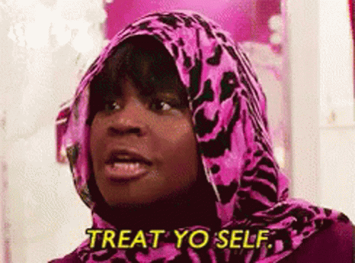 Woman In Pink Leopard Print Scarf Saying Treat Yo Self GIF
