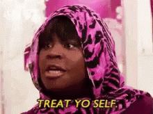 Woman In Pink Leopard Scarf Saying Treat Yo Self GIF