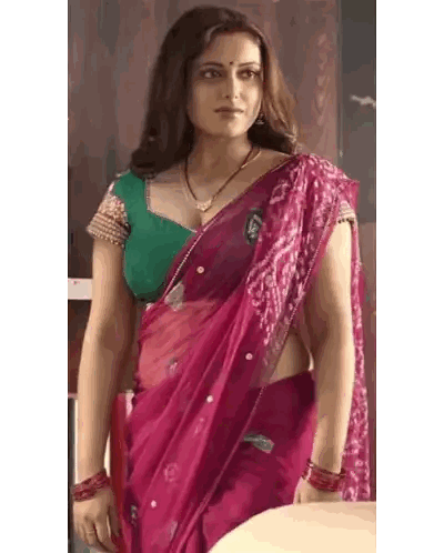 Woman in Pink Saree and Green Blouse