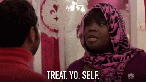 Woman In Pink Scarf Says Treat Yo Self GIF