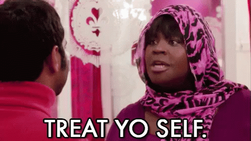 Woman In Pink Scarf Says Treat Yo Self In Pink Room GIF