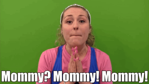 Woman in Pink Shirt and Blue Tank Saying Mommy