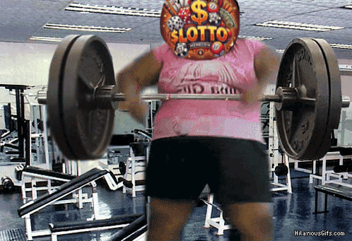 Woman in Pink Shirt Lifting Barbell With Lotto Sign on Head