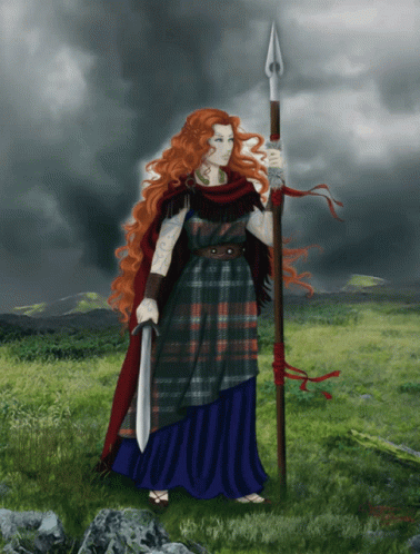 Woman In Plaid Dress Holding Spear And Sword GIF
