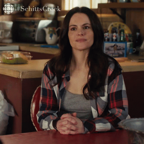 Woman in Plaid Shirt Sitting at Table With Schittscreek