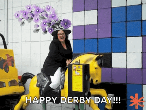 Woman In Purple Hat Riding Yellow Horse GIF