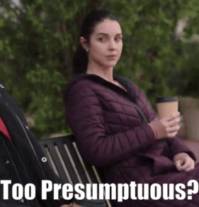 Woman In Purple Jacket Sitting On Bench Holding Coffee Saying Too Presumptuous GIF