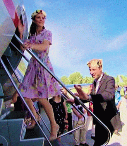 Woman In Purple On Plane Stairs GIF