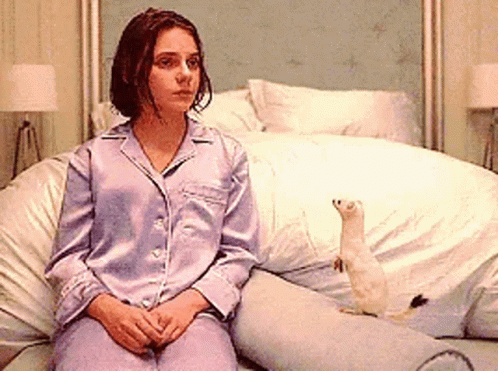 Woman In Purple Pajamas Sitting On Bed With Meerkat GIF