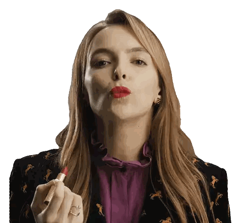 Woman in Purple Shirt and Black Jacket with Red Lipstick