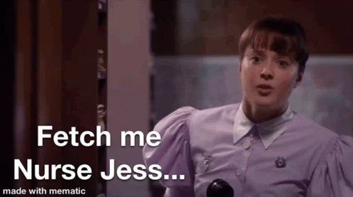Woman in Purple Shirt Saying Fetch Nurse Jess