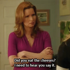 Woman In Purple Shirt Says Did You Eat The Cheeses GIF
