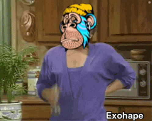 Woman In Purple Shirt With Monkey Mask GIF