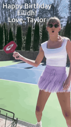 Woman in Purple Skirt Holding Paddle on Tennis Court Happy Birthday Eilish Love Taylor