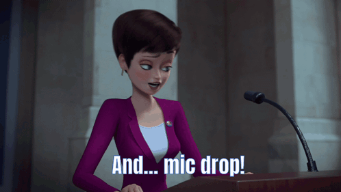 Woman in Purple Suit Mic Drop