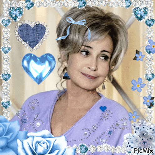 Woman in Purple Surrounded by Hearts and Flowers