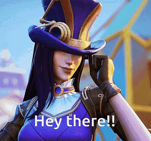 Woman In Purple Top Hat And Gloves Says Hey There GIF