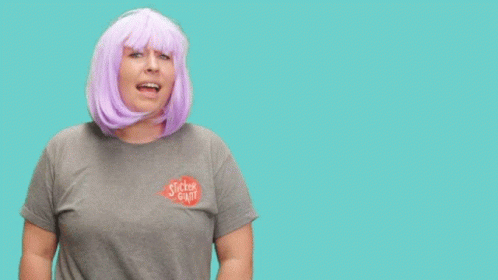 Woman in Purple Wig and Sticker Eight Shirt