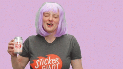Woman In Purple Wig Holding Friday Can GIF