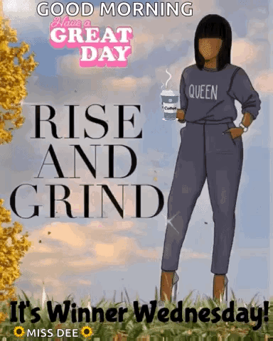 Woman in Queen Shirt Holding Coffee Good Morning Winner Wednesday