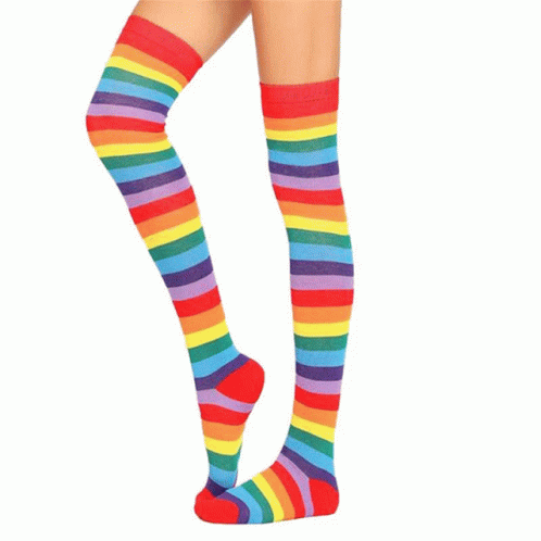 Woman in Rainbow Striped Thigh High Socks