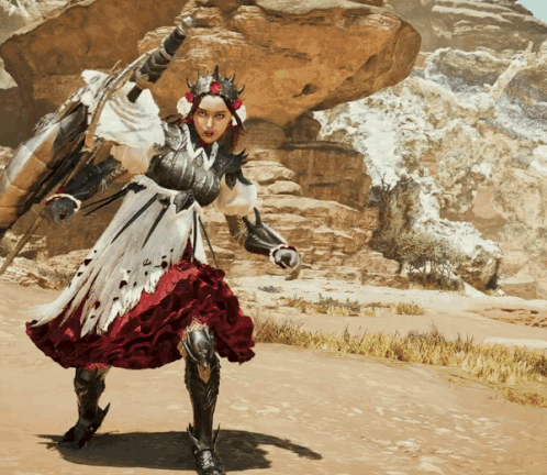 Woman in Red and White Dress Holding Sword and Shield