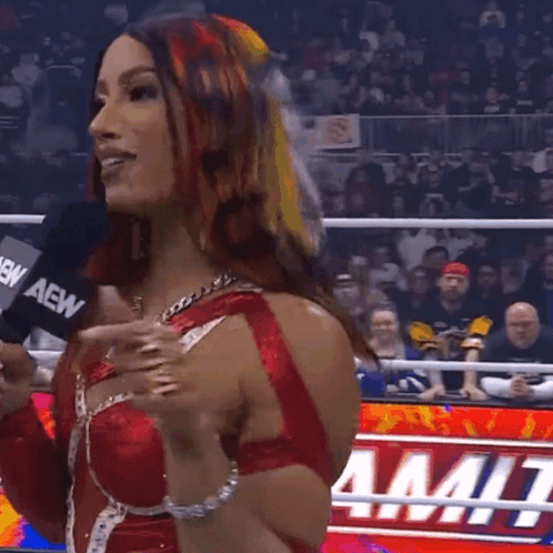 Woman in Red and White Wrestling Outfit Holding AEW Microphone