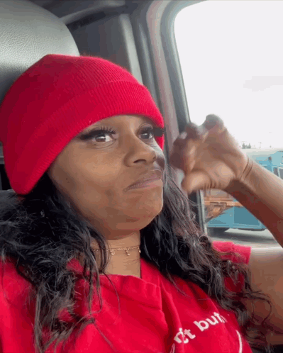 Woman in Red Beanie Red T-Shirt Just But