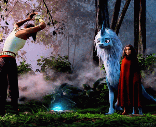 Woman in Red Cape Next to Blue and White Animal