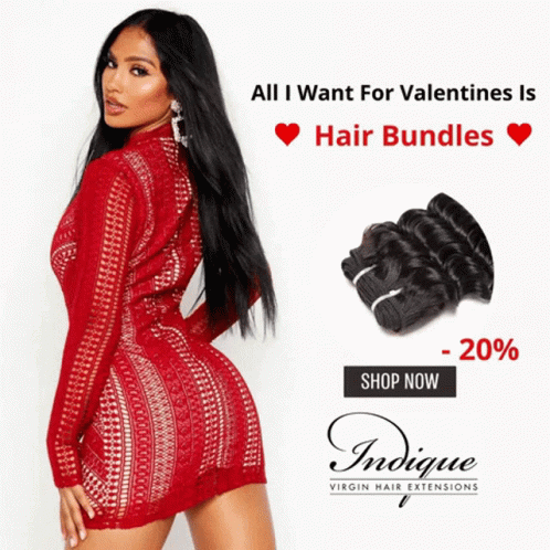 Woman in Red Dress Advertising Virgin Hair Extensions