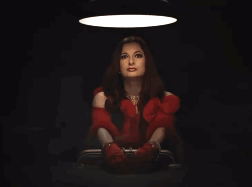 Woman in Red Dress and Red Gloves Sitting in Dark Room
