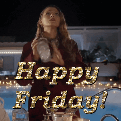 Woman In Red Dress At Pool With Happy Friday Gold Glitter GIF