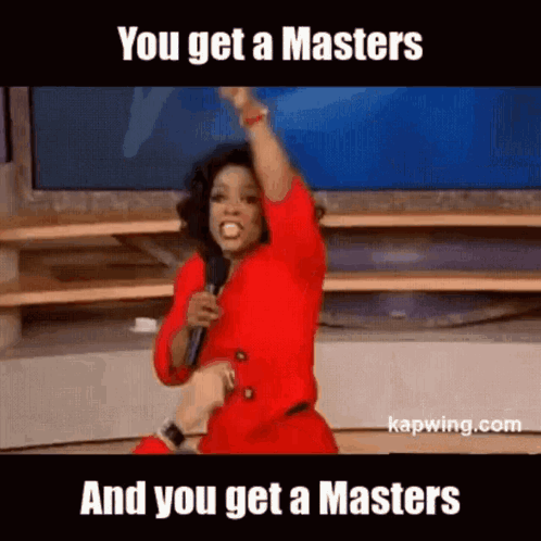 Woman in Red Dress Holding Microphone You Get a Masters and You Get a Masters