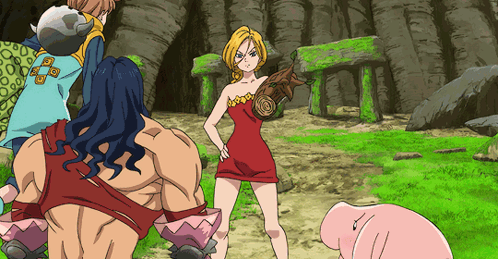 Woman In Red Dress In Front Of Cartoon Characters GIF