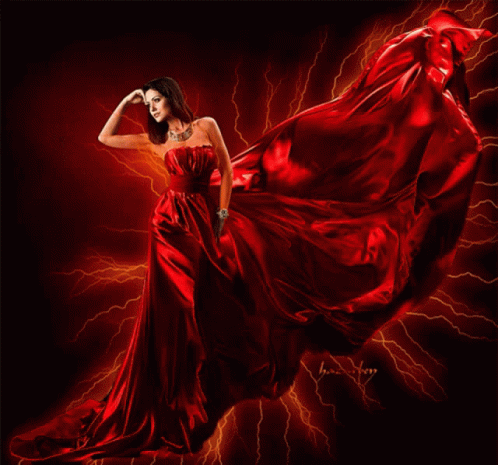 Woman in Red Dress in Front of Lightning