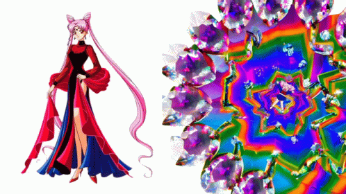 Woman In Red Dress Next To Kaleidoscope Of Diamonds GIF