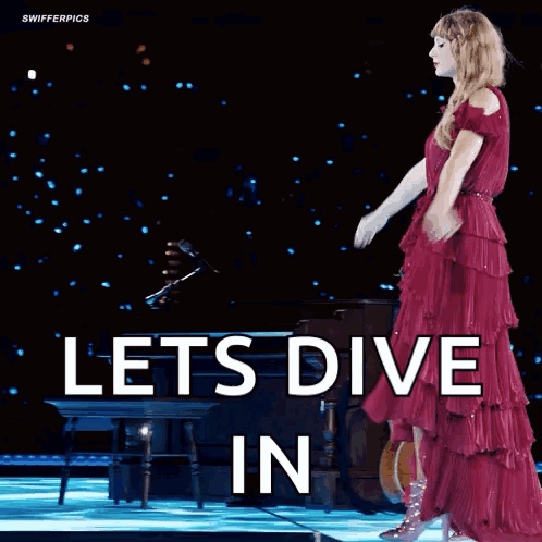 Woman in Red Dress on Stage Let's Dive In