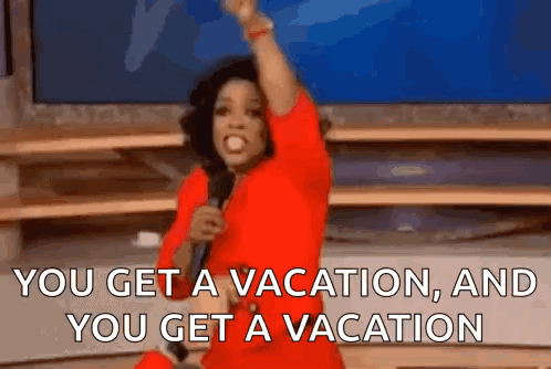 Woman in Red Dress Saying You Get a Vacation