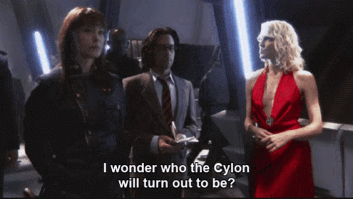 Woman in Red Dress Says I Wonder Who the Cylon Will Turn Out to Be