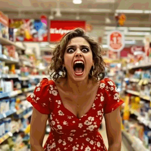 Woman In Red Dress Screaming At Walgreens GIF