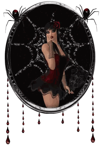Woman in Red Dress Surrounded by Spiders and Blood Drops