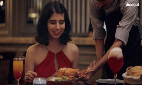 Woman In Red Dress Waiter Serving Food Dinegut GIF