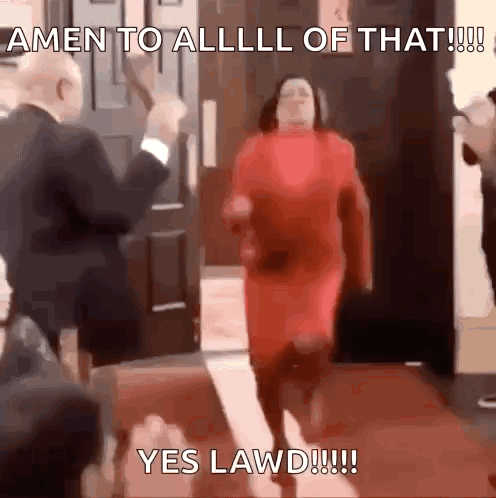 Woman in Red Dress Walking Red Carpet Amen to All
